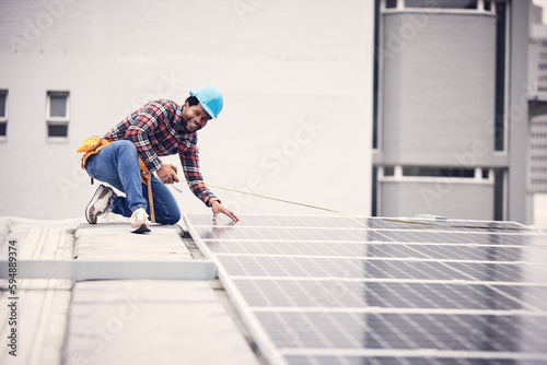 Happy portrait man, solar panel and tape measure for photovoltaic grid, electricity sustainability or renewable energy. Rooftop quality inspection, African male handyman and power supply maintenance