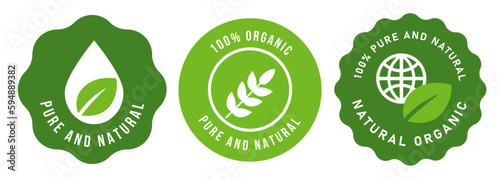 Pure and natural 100 percent organic emblem badge icon set collection green leaf and droplet symbol