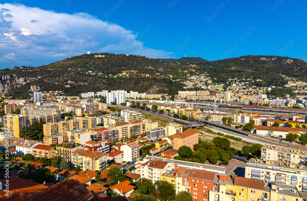 Mount Gros and Alpes hills with Astronomical Observatory over Paillon river valley seen from Cimiez district of Nice on French Riviera Azure Coast in France