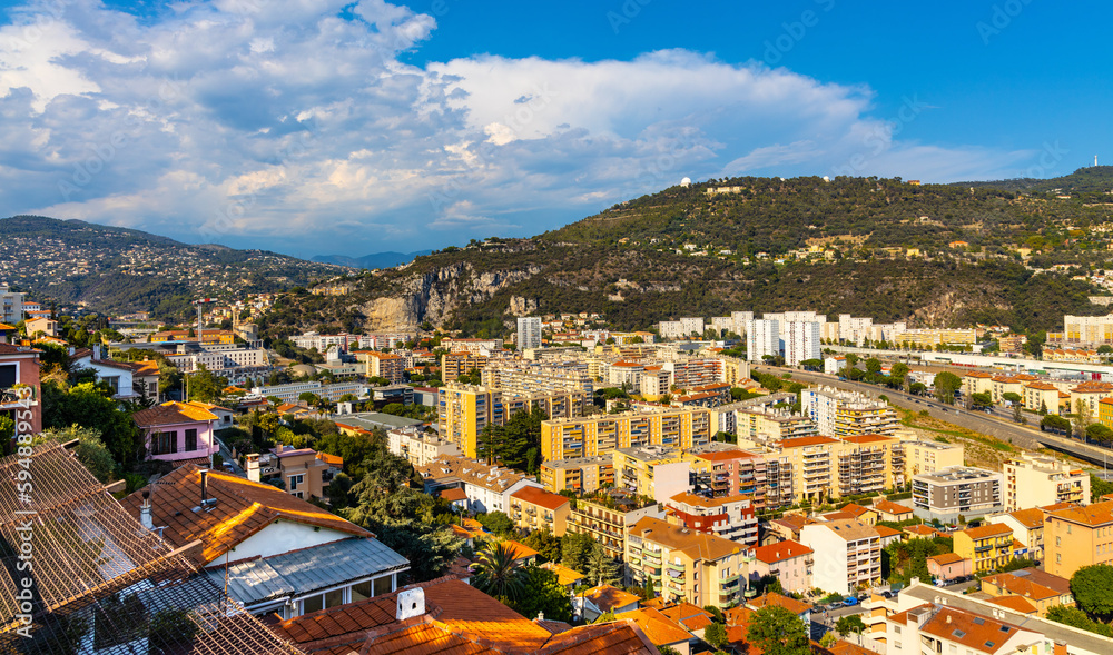 Mount Gros and Alpes hills with Astronomical Observatory over Paillon river valley seen from Cimiez district of Nice on French Riviera Azure Coast in France