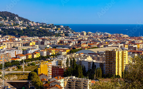 Nice metropolitan view with Colline du Chateau Castle Hill, Mont Boron Mountain, Vielle Ville, Riquier and Port district on French Riviera Azure Coast in France photo