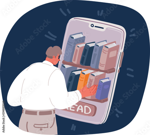 Cartoon vector illustration of Man choosing book in digital online library or bookstore in smartphone app. Distance education with modern technology in phone