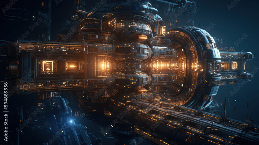 A futuristic space station sleek and metallic, Generative AI