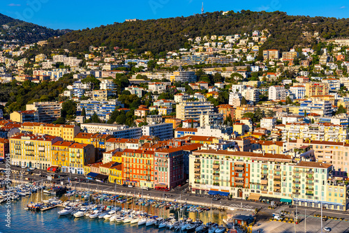 Nice Port and yacht marina district sunset panorama with Mont Boron hill at French Riviera of Mediterranean Sea Harbor in France © Art Media Factory