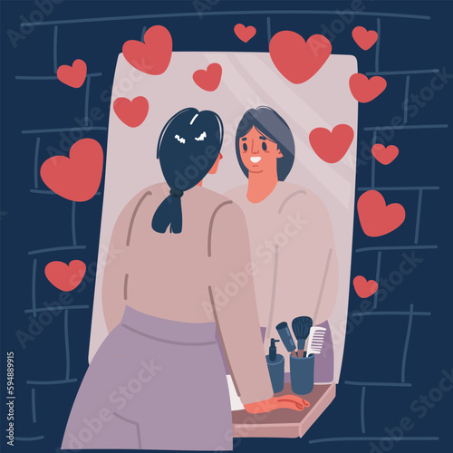 Cartoon vector illustration of Girl looking at the mirror vector. Beautiful girl look at mirror. Fashion girl.