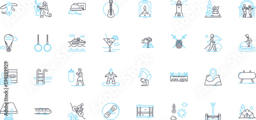 Leisure market linear icons set. Entertainment, Travel, Adventure, Recreation, Relaxation, Hobbies, Outdoors line vector and concept signs. Sports,Vacations,Attractions outline illustrations