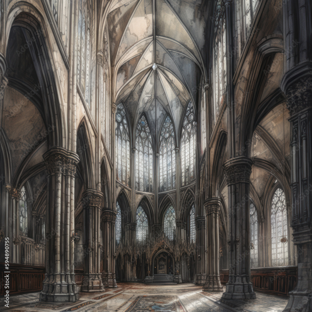 A Gothic cathedral with stained glass windows, Generative AI