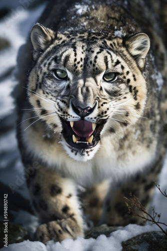 Snow leopard in the winter mountain forest. Wilde cat animal aggressive grinning towards camera