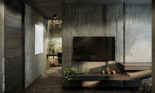 3d rendering. room interior design and decoration with stone wall. empty tv screen on wall. Dark tone for gentleman room.