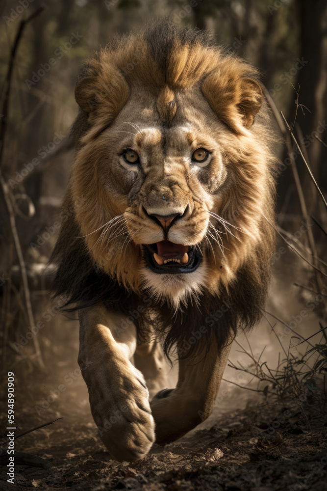 Wild lion roaring aggressively. Jungle forest savannah running generative ai