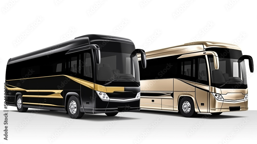 Isolated Comfortable Passenger Black Bus With Golden  Bus On White Background, Generative Ai