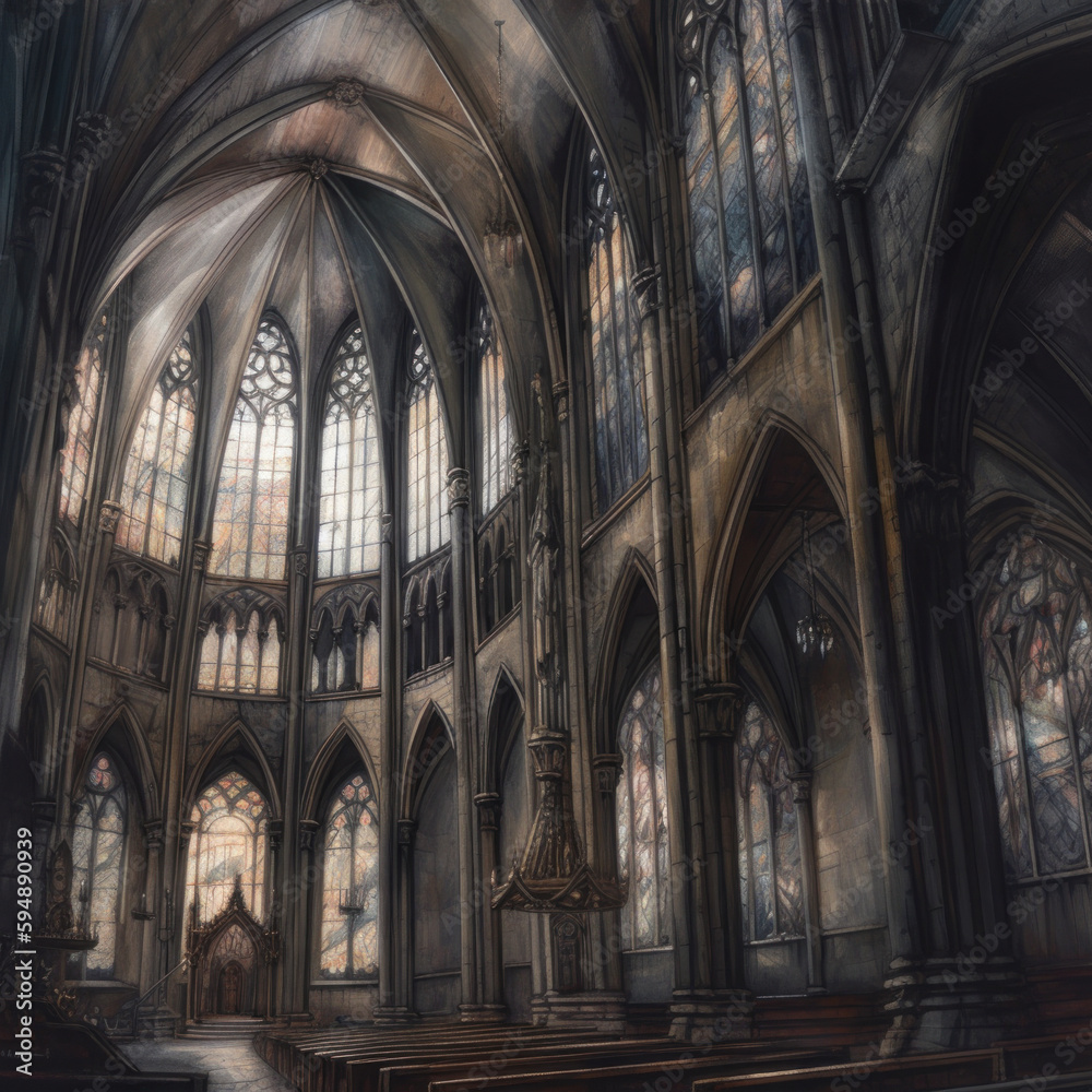 A Gothic cathedral with stained glass windows, Generative AI