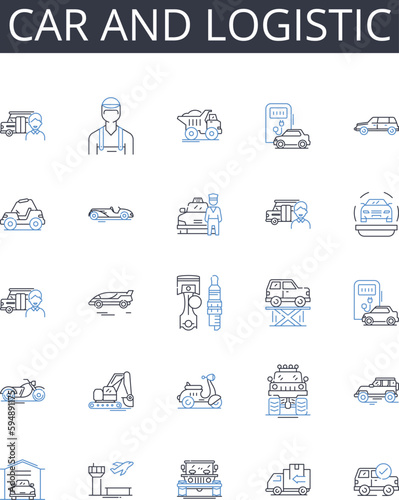 Car and logistic line icons collection. Megastore, Outlets, Warehouse, Convenience, Retail, Supermarket, Shopping vector and linear illustration. Selection,Recreation,Amusement outline signs set