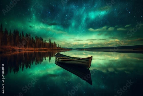 green polar lights over a lake on which a small rowboat floats created with Generative AI technology