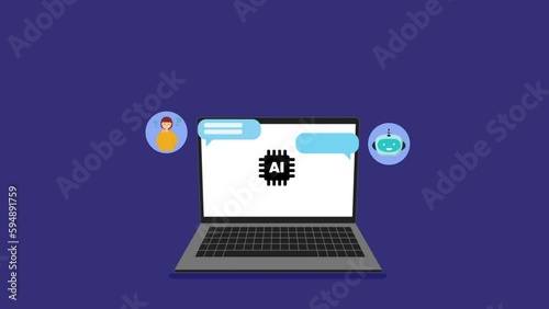 Animation of laptop with online ai chat over shapes on dark purple background. Global business, communication, ai and digital interface concept digitally generated video.