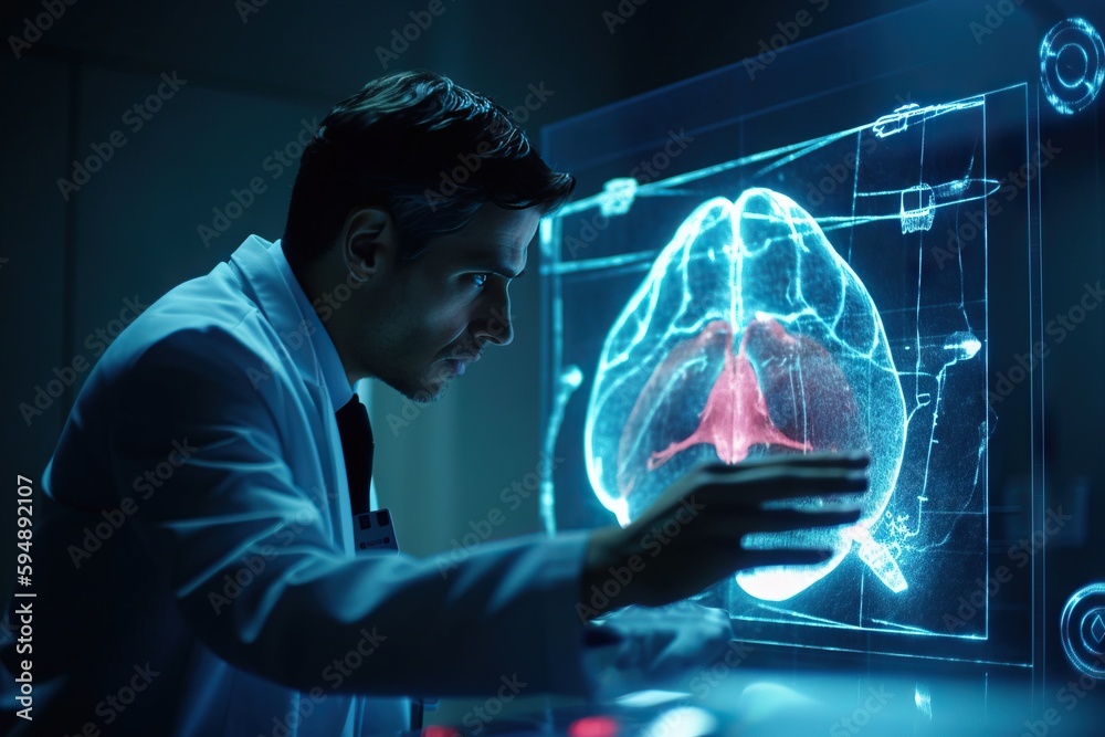 A Man Looking At A Computer Screen With A Brain Scan In The Background Hospital Advertising Photography Medical Imaging Generative AI