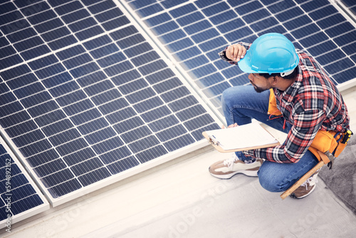 Solar panel, clipboard and engineering man with inspection, energy saving maintenance and sustainable power check. Contractor person, electrician or technician on checklist for photovoltaic generator