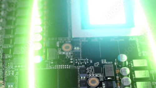 AI Technology. Motherboard with glowing chips. Artificial Intelligence activated. Neural Network. Closeup with bokeh.