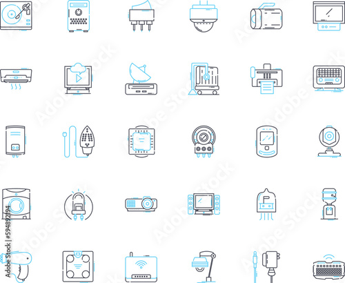 Wireless communication linear icons set. Bluetooth, Wi-Fi, Cellular, Signal, Radio, Nerk, Antenna line vector and concept signs. Modem,Receiver,Distance outline illustrations