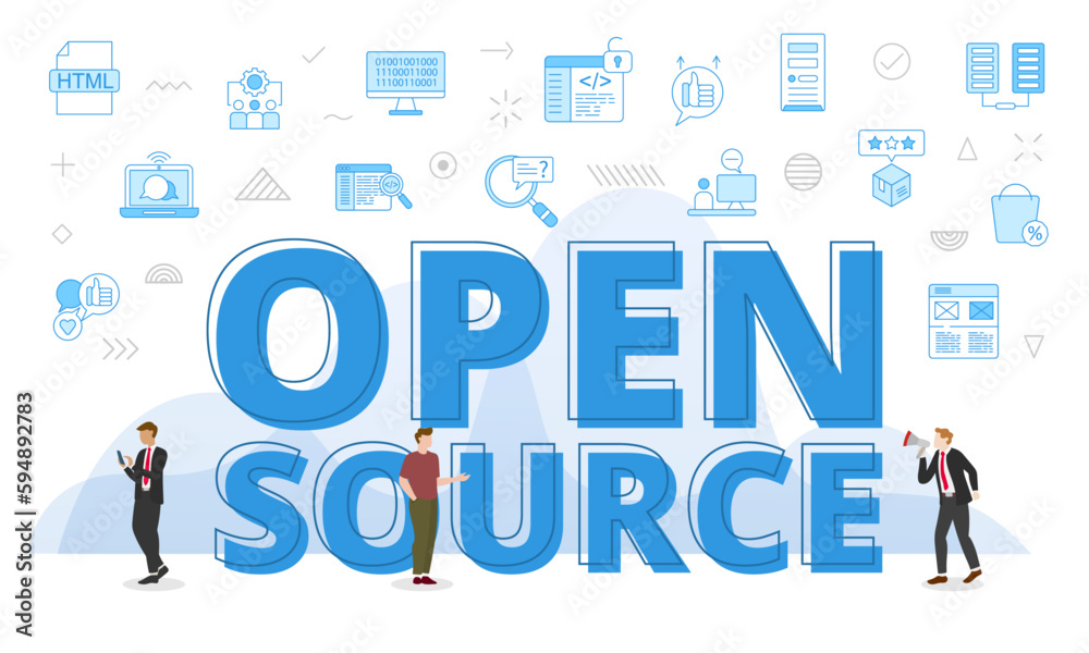 open source concept with big words and people surrounded by related icon with blue color style open source concept with big words and people surrounded by related icon with blue color style