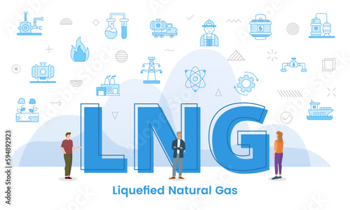 lng concept with big words and people surrounded by related icon with blue color style