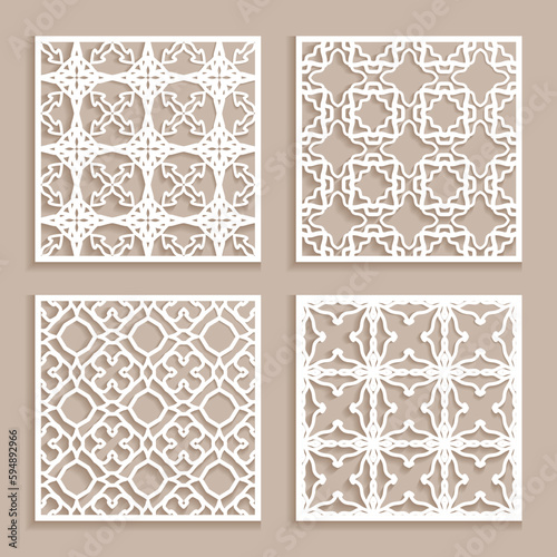 Templates for laser cutting, plotter cutting, printing. Square line patterns set. Geometric design cut out of paper. Mandala Islamic die cut ornament. Fretwork panels, cutout silhouette stencils