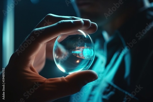 A Man Holding A Crystal Ball In His Hands In The Dark Construction Site Stereoscopic Photography Supply Chain Optimization Generative AI