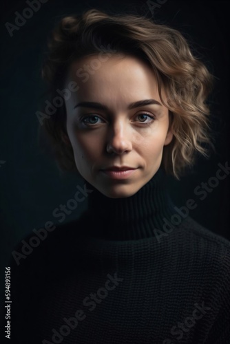 a pretty young woman wears a black turtleneck sweater created with Generative AI technology