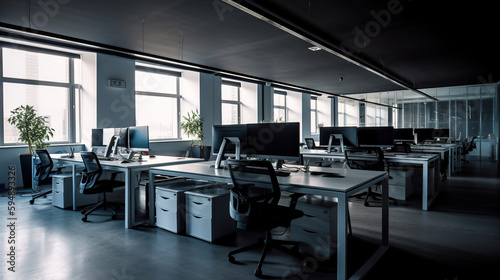 Modern open space office with rows of computer tables. Generative Ai