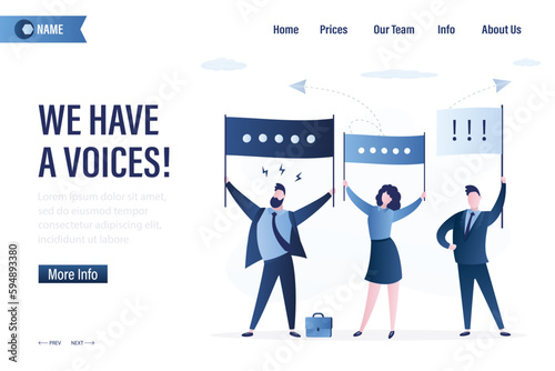 We have a voices, landing page template. Group of protesters with placards. Concept of people's voice, freedom of speech and expression. Democracy, free will, rally. Peaceful demonstration.