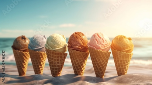 Ice creams on beach and shells with ocean landscape. Generative Ai