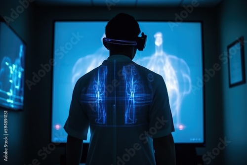 A Man In A Room With A Projection Of A Person In The Background Hospital Stereoscopic Photography Medical Imaging Generative AI