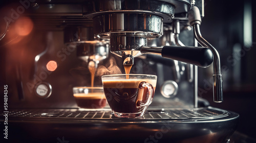 Espresso pouring from coffee machine, close up. Generative AI