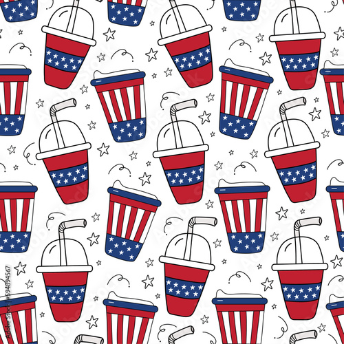 Amrican colors coffee cups seamless pattern - hand drawn take away coffee cups. Good for wrapping paper, textile print, wall paper, cover and other decoration.