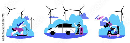 Set of colored cartoon characters of young people using eco friendly transport