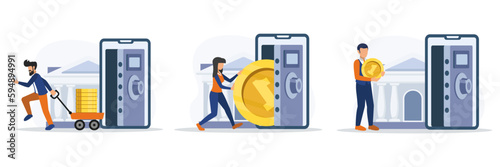 Set of cartoon characters of young people making money investment in bank