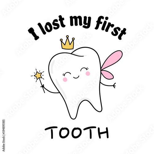 I lost my first teeth. Cute tooth fairy wearing crown and holding star magic wand. Children tooth fairy. Baby girl first lost tooth concept. Concept of medical cabinet, children dentistry. photo