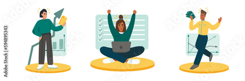 Set of colored cartoon characters of young people celebrating success at work