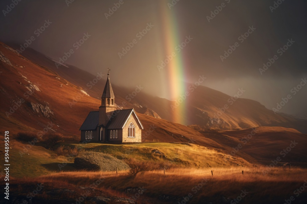 a small chapel stands in the steppe with a rainbow created with Generative AI technology