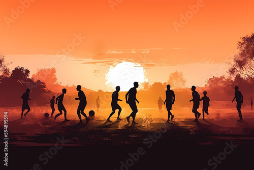 A group of people playing soccer in a sunset. generative AI