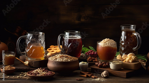 Mugs of fresh beer and traditional food on wooden background, closeup. Oktoberfest celebration. Generative Ai