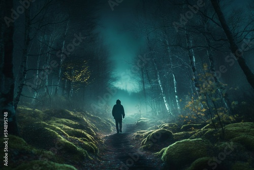 a man walks on a trail through the forest created with Generative AI technology photo