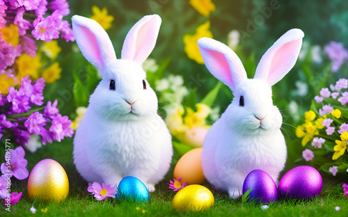 cute bunny with colorful eggs, creative easter, create with generative Ai © @supi