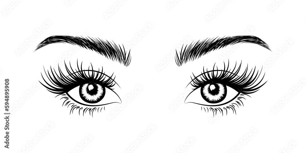 Woman's sexy makeup look with perfectly shaped eyebrows and lashes. Vector illustration for business visit card, typograph, print, highlights cover. Perfect salon look. Brows and lashes lamination.