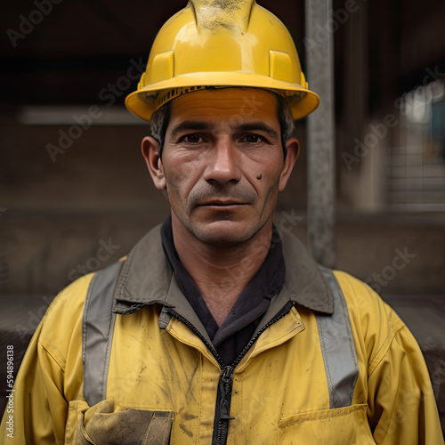 Portrait of a worker with yellow hard hat and raincoat. Concept of industrial and mining work. © expressiovisual