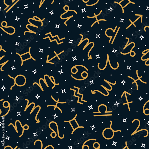 Golden zodiac signs seamless pattern, horoscope symbols repeating print on dark blue background for fabric, packaging, wrapping paper design. Astrology, esoteric, celestial signs vector illustration