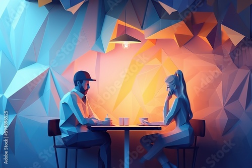 A Man And A Woman Sitting At A Table In A Room With A Bright Light Coffee Shop Graphic Design Dating Generative AI