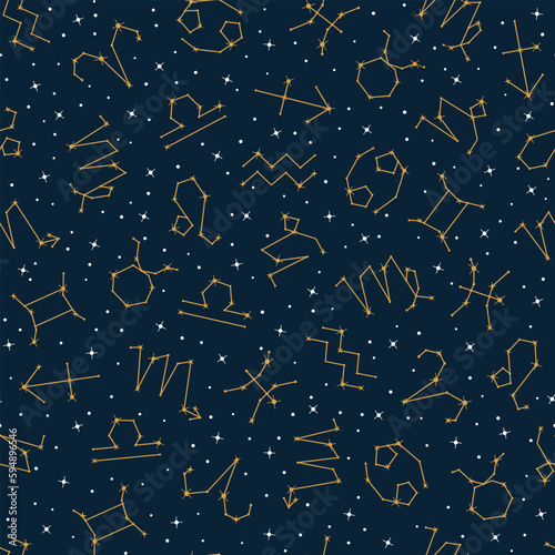 Golden zodiac constellations seamless pattern on night sky background. Astrological, horoscope symbols, constellations of sparkling stars vector illustration