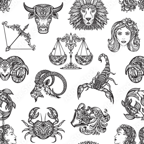 Vector seamless pattern with black and white hand drawn zodiac signs illustrations