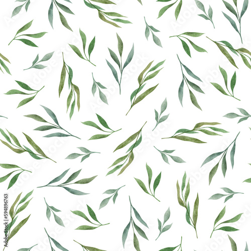 Watercolor hand painted seamless pattern with green herbs illustrations. Natural elements: herbs, leaves, branches, spring garden greens. Nature illustration for wrapping paper, textile, decorations.